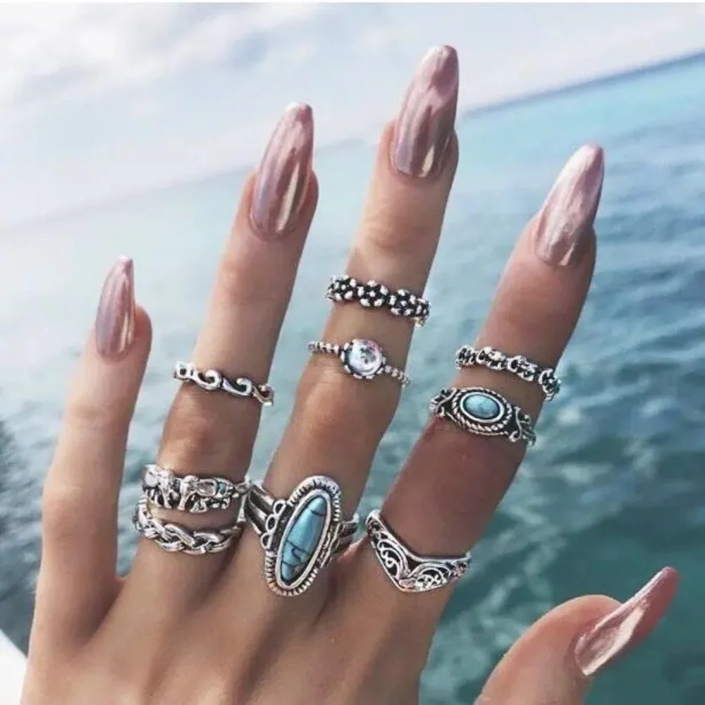 *DULCIE* 9-Pc Silver x Teal Elephant Fashion Ring Set